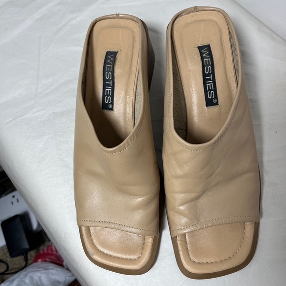 Westies Vintage Tan Square Toe Leather Chunky Heeled Mules size 7.5 - Picture 2 of 12